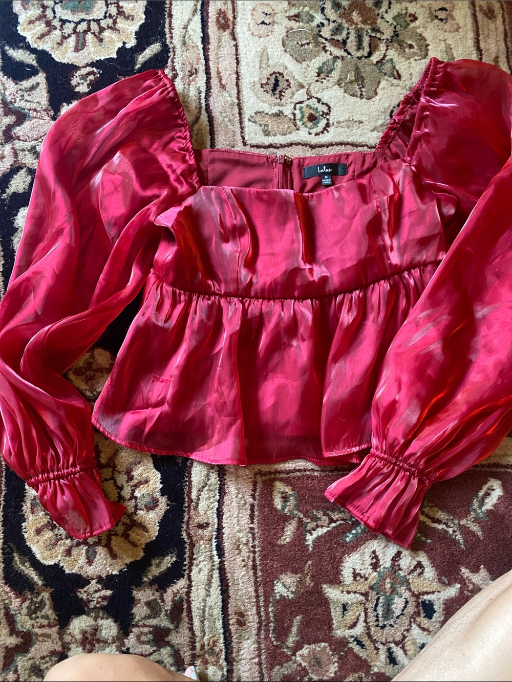 Lulu's Ruby Red Satin Puff Sleeve Peplum Blouse